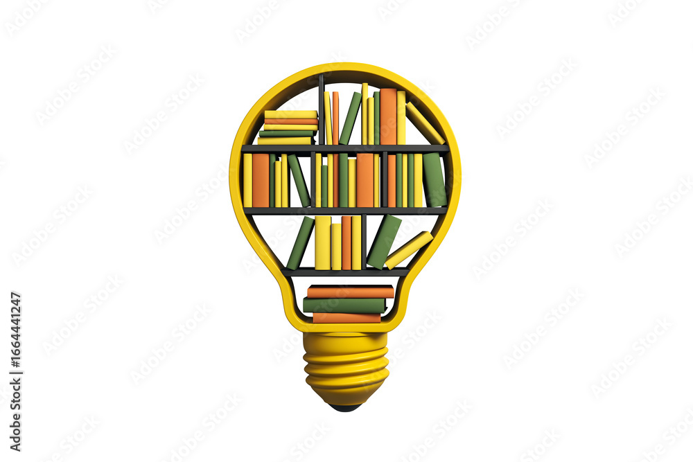 Poster lightbulb-shaped bookshelf filled with books, colorful and clean design, isolated on white backgroun