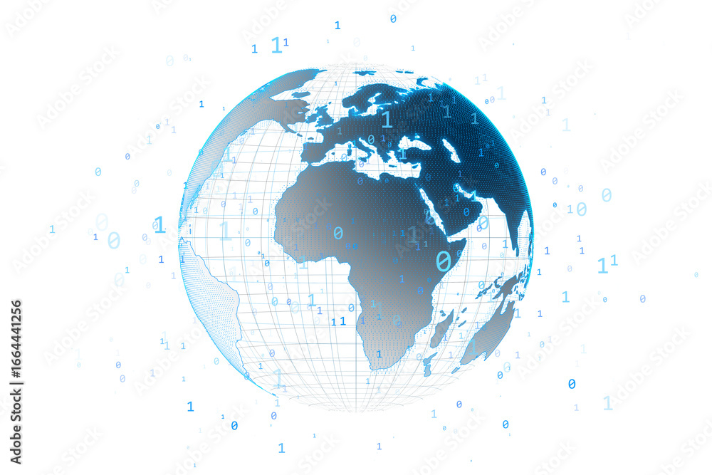 Poster Globe of the world with digital binary data elements, clean 3D Rendering style, isolated on white background, concept of global virtual data map