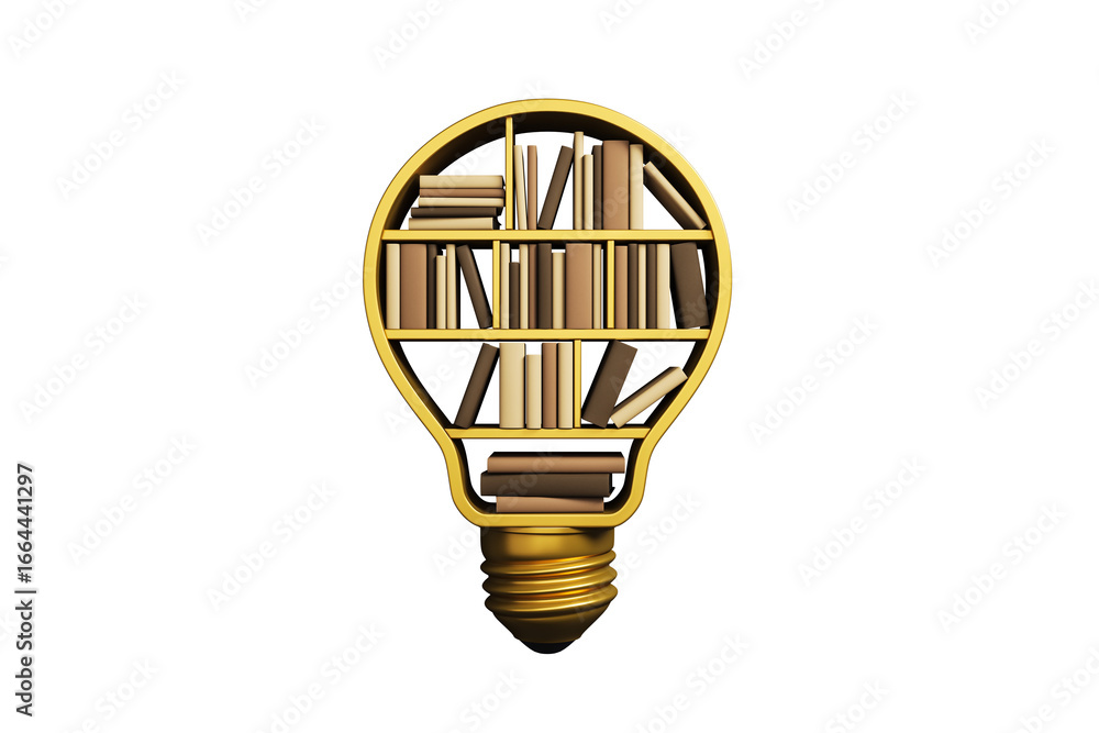 Poster bookshelf designed as a lightbulb filled with books, realistic 3d rendering on white background, sym