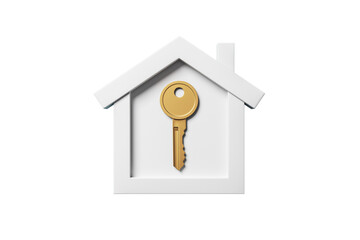 Golden key placed inside a clean white house icon on transparent background, 3D Rendering, symbol of real estate, property access and ownership