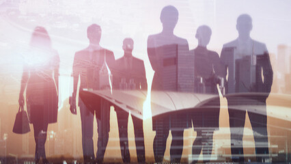 Diverse office team on abstract city financial background. Business growth, success and global economy concept for presentation.