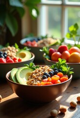vibrant gourmet bowls overflowing fresh ingredients textures colors healthy delights, fruit, salad, quinoa, rice, herb, dish, protein, smoothie, vegan