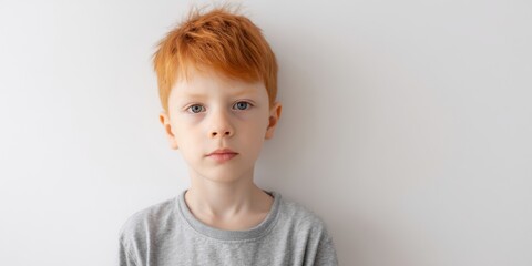 Naklejka premium The boy with red hair in a minimalist studio portrait showing calm thoughtful expression