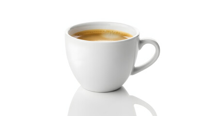 Fototapeta premium A white ceramic mug filled with coffee, sitting on a reflective surface.
