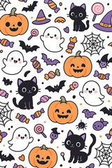 Fototapeta premium Halloween seamless pattern with pumpkins, ghosts, cats, bats and candies on white background.