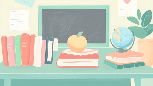 Classroom desk with books, apple, and globe