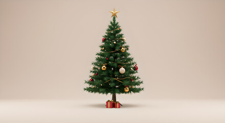 Elegant Christmas Tree Decorated with Gold Star, Red and Gold Ornaments, and Festive Gifts