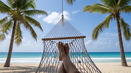 A person's point of view relaxing in a hammock on a tropical paradise beach with palm trees and ocean.