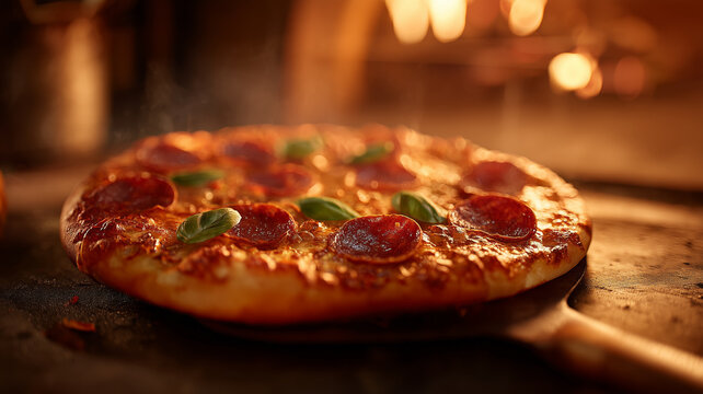 Freshly baked pizza papperoni being taken out of a wood fired oven