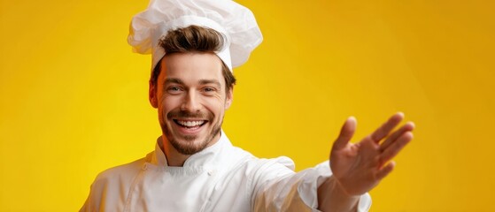[The Chef Reaching Out With a Warm Smile Against a Bright Yellow Background]