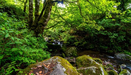 Lush forest stream scene with mossy rocks.