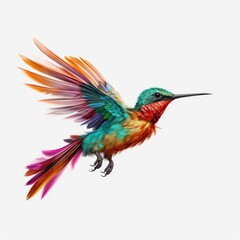 Obraz premium A Hyper-Realistic and Detailed Illustration of a Hummingbird with Brightly Colored, Feathered Wings on White Background
