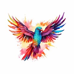 Naklejka premium A Dynamic and Colorful Illustration of a Parrot with Wings Spread, Rendered in Watercolor and Ink Splash Style
