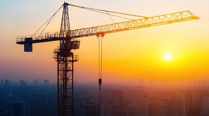 A construction crane silhouetted against a vibrant sunset, overlooking a bustling cityscape.