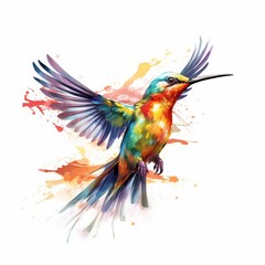 Obraz premium An Expressive Watercolor Illustration of a Hummingbird with Bright Colors and Dynamic Paint Splatters on White Background