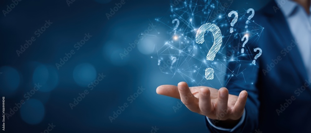 Poster the floating question marks above a business hand in a futuristic digital network