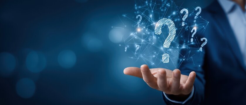 The Floating Question Marks Above a Business Hand in a Futuristic Digital Network