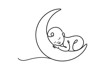 Continuous Line Drawing of a Baby Sleeping on a Moon | Vector Art for Childhood and Dream.