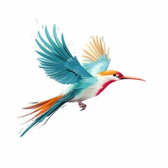 Obraz premium A colorful hummingbird-like bird with a long beak in a dynamic watercolor illustration, showcasing bright, flowing wings and tail feathers with a splash effect.
