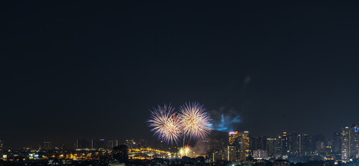 Blurred background of night lights in Bangkok. Fireworks, traffic lights, lights on bridges over the river, the spread of electric lighting technology in homes.