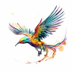Obraz premium Dynamic watercolor illustration of a tropical bird with a long beak, featuring a vibrant rainbow of colors and sweeping wing and tail feathers in motion.