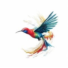 Fototapeta premium Artistic watercolor illustration of a hummingbird-like bird with a long beak, showcasing a beautiful blend of blue, red, and yellow colors and elegant plumage in flight.