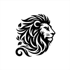 Obraz premium Stylized black lion head profile with flowing mane and leaves