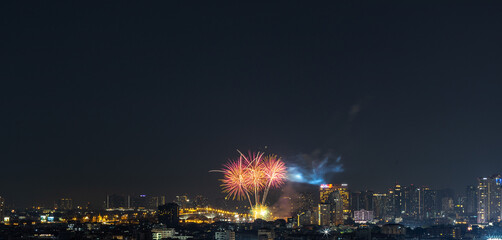 Blurred background of night lights in Bangkok. Fireworks, traffic lights, lights on bridges over the river, the spread of electric lighting technology in homes.