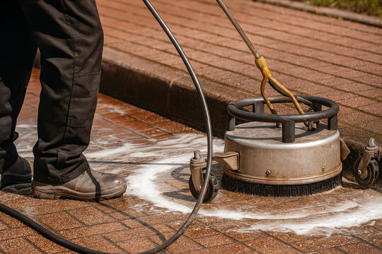 Professional pressure washing with rotary surface cleaner on brick paver walkway. Worker in safety boots removes grime with foam and water. Outdoor cleaning service, patio/driveway maintenance.