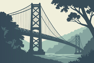 Morning fog enveloping a suspension bridge with faint lights glowing