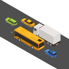 Fototapeta premium Illustration vector graphic of isometric cars, bus, and truck on urban road, perfect for transport, traffic, logistics, delivery, automotive, and city infrastructure design.