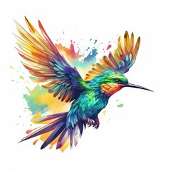 Fototapeta premium An energetic watercolor illustration of a hummingbird, displaying a stunning blend of bright colors from green to orange, with a backdrop of colorful paint splatters.