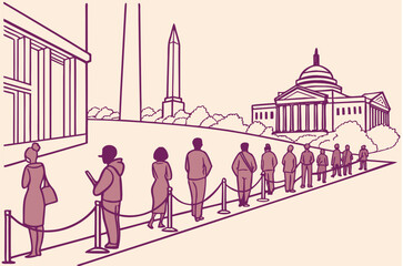 people queued for a washington d.c. museum with a poster for timed-entry tickets online