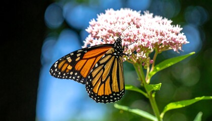 A monarch butterfly, vibrant orange and black wings, delicately rests on a cluster of pink wildflowers, showcasing the beauty of nature's intricate details.