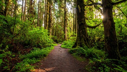 Naklejka premium Sunlight streams through a lush forest path, illuminating the vibrant greenery and moss-covered trees.
