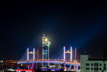 Blurred background of night lights in Bangkok. Fireworks, traffic lights, lights on bridges over...