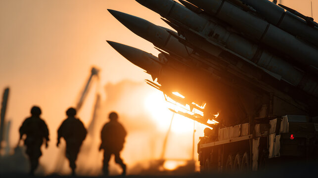 Military Personnel Silhouette with Missile Launchers in a Sunset Setting, Threat and Security