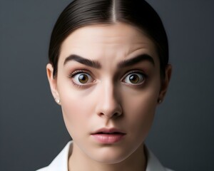 Naklejka premium Astonished Young Woman with Raised Eyebrows and Wide Eyes