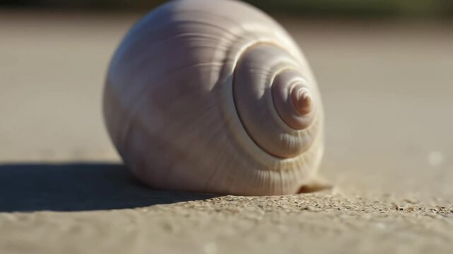 Close-up of a delicate seashell resting on sandy beach area.
