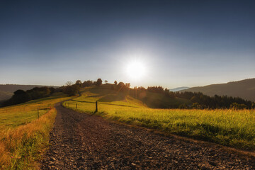 Górski krajobraz wśród wzgórz i bujnych zielonych pól, złota godzina, naturalne piękno, Beskidy, Cieńków, Polska © anettastar