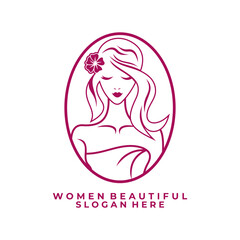 Vintage beauty women with oval line art logo design icon. Beauty women cosmetics logo design