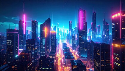Fototapeta premium Cyberpunk Cityscape at Night with Neon Glow