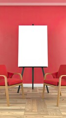Empty Whiteboard Setup in Red Room, Business Environment, Professional Viewpoint