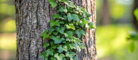Obraz premium Lush green ivy climbing a textured tree trunk in a sun-dappled forest.
