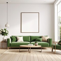 Modern Living Room Design, Green Sofa, Bright Interior, Photo, Minimalist Style, Cozy Atmosphere