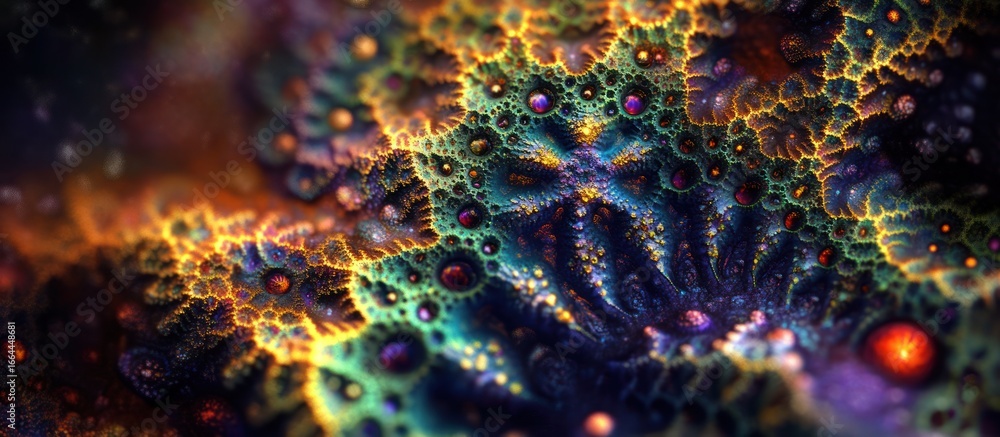 Poster abstract fractal art featuring intricate patterns, glowing orbs, and vibrant colors, creating a mesm