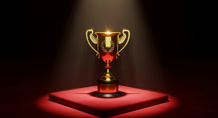 Golden trophy with wings and wreath on a red pedestal under a spotlight against a dark background