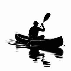 Silhouette of a kayaker paddling on water, adventure, nature
