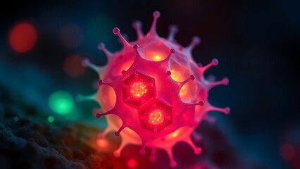 Bioluminescent dual-colored cellular structure pulsating rhythmically, revealing microscopic life energy.