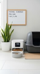 Clean and organized pet feeding station with automated feeder and tidy litter box corner in a minimalist home with modern interior design